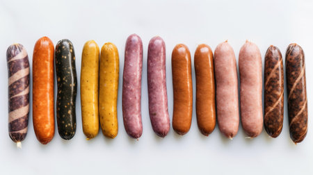 Various meat fresh sausages lie in a row, white background, isolate. Header banner mockup with copy space. AI generated.の素材