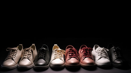 Demonstration of a collection of models of classic shoes in a row, black background. Header banner mockup with copy space. AI generated.の素材