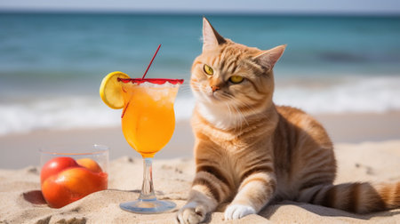 Cat with cocktail and straw is resting on background of sea on beach. Tropical resort on vacation. AI generated.の素材
