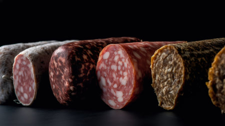 Various salami, sausage in a row, black background. Assorted meat products, menu. Header banner mockup with copy space. AI generated.の素材