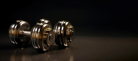 Sports equipment chrome dumbbell, dark background. Header banner mockup with copy space. AI generated.の素材