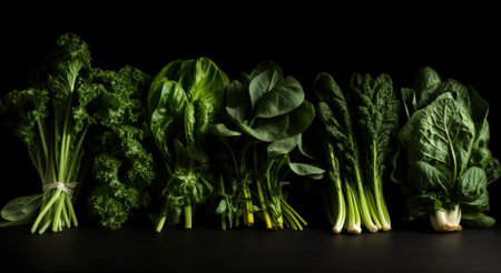 Leaves of popular culinary green fresh plants, rosemary, parsley. Black background, isolate. Header banner mockup with copy space. AI generated.の素材