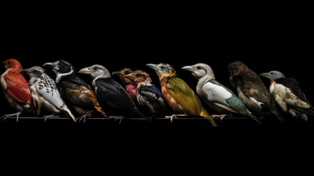 Various types of birds sit in a row on a branch, black background, isolate. Header banner mockup with copy space. AI generated.の素材