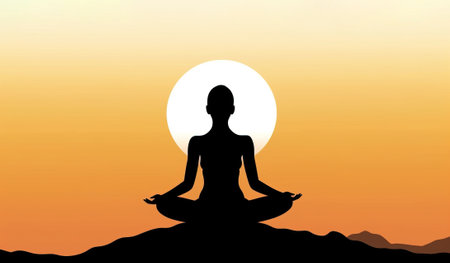 International day of yoga, graphic contours of a woman on the background of the sun. Header banner mockup with copy space. AI generated.の素材