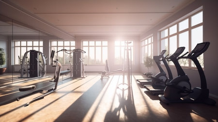 Sports empty club, fitness gym with a group of exercise machines and bike paths. Header banner mockup with copy space. AI generated.の素材
