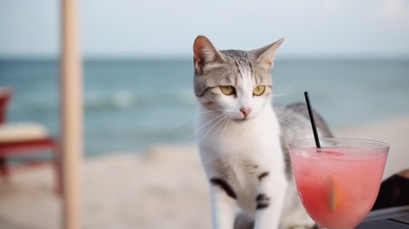 Cat with cocktail and straw is resting on background of sea on beach. Tropical resort on vacation. AI generated.の素材