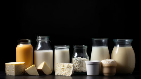 Various types of dairy products, cottage cheese, sour cream. Black background. Ecological healthy natural products from the farm. AI generated.の素材