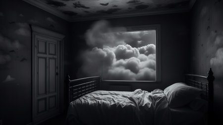 The concept of insomnia. Empty bed with pillow in the night cloud. Monochrome photo, for wallpaper. AI generated.の素材