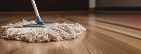 Cleaning, washing the wooden floor with a professional wet mop. Header banner mockup with copy space. AI generated.の素材