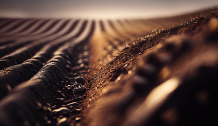 Fresh plowed field land close-up in the rays of the sun. Header banner mockup with copy space. AI generated.の素材