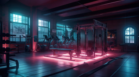 Sports empty club, fitness gym with a group of exercise machines and bike paths. Header banner mockup with copy space. AI generated.の素材