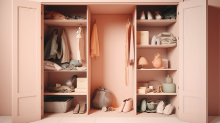 Open doors of large home closet with things on shelves. Pink background. Header banner mockup with copy space. AI generated.の素材