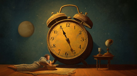 Concept of insomnia. Person does not sleep next to large alarm clock. Futuristic illustration, for wallpaper. AI generated.の素材
