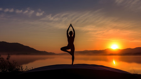 International day of yoga, illustration of women on mountain top sun background. Header banner mockup with copy space. AI generated.の素材