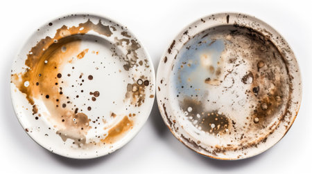 Dirty unwashed dishes with leftover food. Clutter concept. White background, isolate. Header banner mockup with copy space. AI generated.の素材