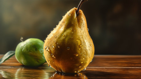Fresh pears background, top view, farm organic fruits. Header banner mockup with copy space. AI generated.の素材