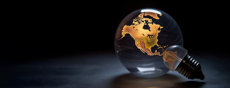 World Youth Skills Day, strategic employment learning skills, entrepreneurship. Light bulb in the form of the planet Earth. Header banner mockup with copy space. AI generated.の素材
