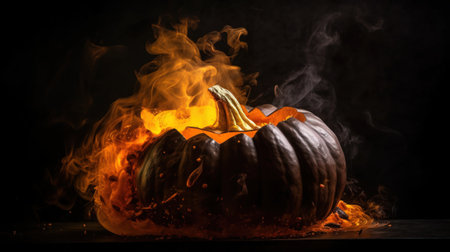 Halloween scary pumpkin on fire, black background, isolate. Header banner mockup with copy space. AI generated.の素材