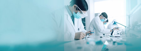 University of Science and Technology, drug development. Medical assistance to patients. Header banner mockup with copy space. AI generated.の素材