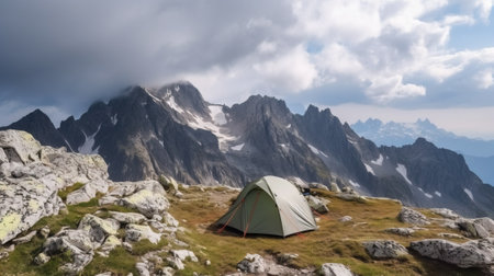Tourist tent on the plateau, mountains tops background, outdoor activities. Family trip in nature. AI generated.の素材