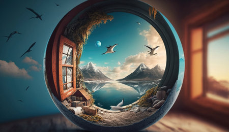 Metaverse in the virtual world. Travel with modern technology. The glass ball is a window to another world. AI generated.の素材