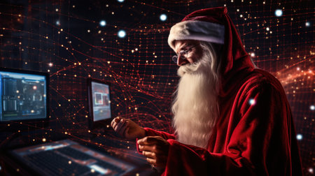 Christmas Santa Claus in new year close-up, at artificial intelligence console, electronics background. AI generated. Modern scientific family holiday.の素材