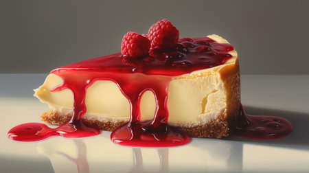 Fresh cheesecake with fruits, berries on wooden table. Piece of dessert with caramel sauce. Classic traditional recipe. AI generated.の素材