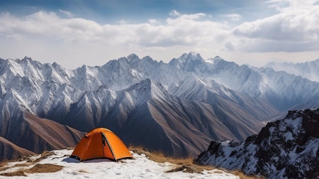 Tourist tent on the plateau, mountains tops background, outdoor activities. Family trip in nature. AI generated.の素材