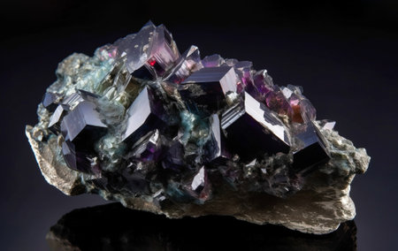 Abelsonite is a rare precious natural geological stone on a gradient background in a low key, isolate. Header banner mockup with space. AI generated.の素材