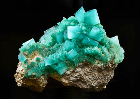 Aurichalcite is rare precious natural geological stone on gradient background in low key, isolate. Header banner mockup with space. AI generated.の素材