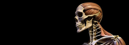 Anatomical structure of muscular system of human body, dark background. Header banner mockup with copy space. AI generated.の素材