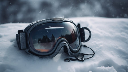 Ski goggles on snow closeup, mountain background. Active recreation, winter sports. In the rays of the sun, glass reflection. AI generated.の素材