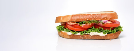 Fresh sandwich with ham, cheese, tomatoes, fast food on white background, isolate. Header banner mockup with copy space. AI generated.の素材