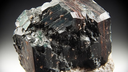 Edenite is rare precious natural geological stone on gradient background in low key, isolate. Header banner mockup with space. AI generated.の素材