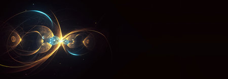 Quantum entanglement, scientific technology abstract concept. Dark background. Header banner mockup with copy space. AI generated.の素材