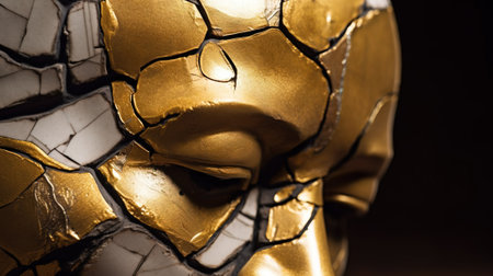 Kintsuki, Japanese ceramic head glued with gold. Concept of not constancy, imperfection of world. Close-up, dark background. AI generated.の素材