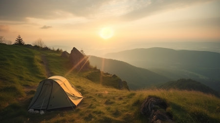 Tourist tent on the plateau, mountains tops background, outdoor activities. Family trip in nature. AI generated.の素材