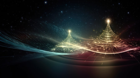 Christmas New Year graphic glowing background of fir-tree coniferous forest. Header banner mockup with copy space. AI generated.の素材