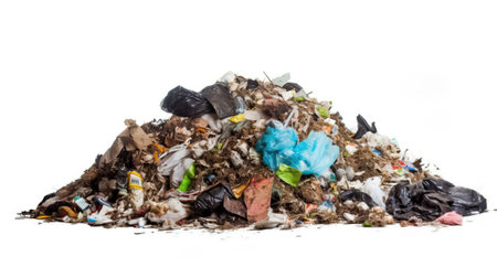 Utilization of garbage, waste. Ecological concept of separate collection. Pile of garbage, white background isolate. AI generated.の素材
