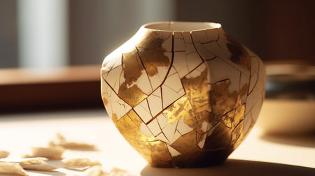 Kintsuki, Japanese pottery. Utensils glued with gold are not concept of constancy, imperfection of world. Close-up, dark background. AI generated.の素材