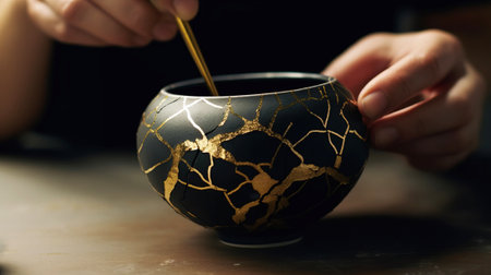 Kintsuki, Japanese pottery, making process. Concept of not constancy, imperfection of world. Close-up, dark background. AI generated.の素材