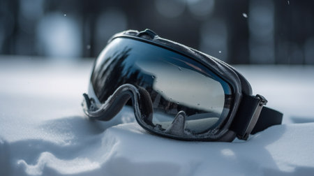 Ski goggles on snow closeup, mountain background. Active recreation, winter sports. In the rays of the sun, glass reflection. AI generated.の素材