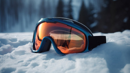 Ski goggles on snow closeup, mountain background. Active recreation, winter sports. In the rays of the sun, glass reflection. AI generated.の素材