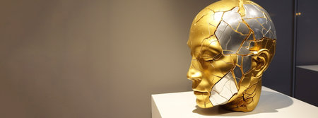Kintsuki, Japanese ceramic head glued with gold. Concept of not constancy, imperfection of world. Close-up, dark background. Header banner mockup with copy space. AI generated.の素材