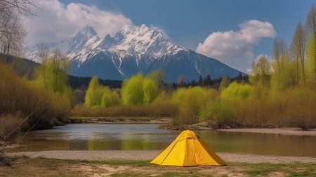 Tourist tent on the plateau, mountains tops background, outdoor activities. Family trip in nature. AI generated.の素材