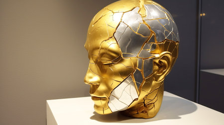 Kintsuki, Japanese ceramic head glued with gold. Concept of not constancy, imperfection of world. Close-up, dark background. AI generated.の素材