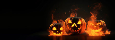 Halloween, fire pumpkin in flame, dark background, mystical composition. Header banner mockup with copy space. AI generated.の素材