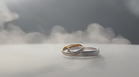 Two engagement wedding ceremonial gem rings, cloudy white smoky background. Close up, greeting card. Header banner mockup with copy space. AI generated.の素材