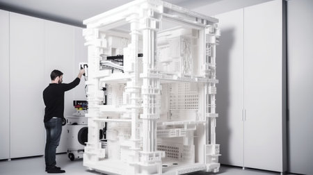 Prototype construction of a family house using a 3D printer, new technologies. Header banner mockup with copy space. AI generated.の素材