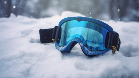 Ski goggles on snow closeup, mountain background. Active recreation, winter sports. In the rays of the sun, glass reflection. AI generated.の素材